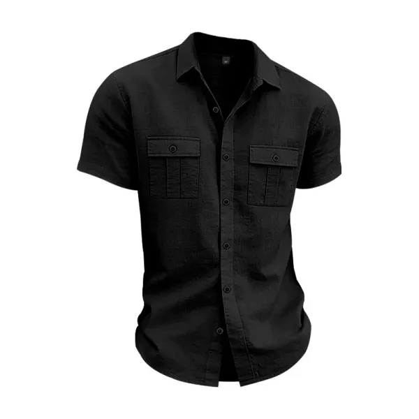 Design Short-Sleeve Linen Shirt Navy Blue Tops Shirt - 31