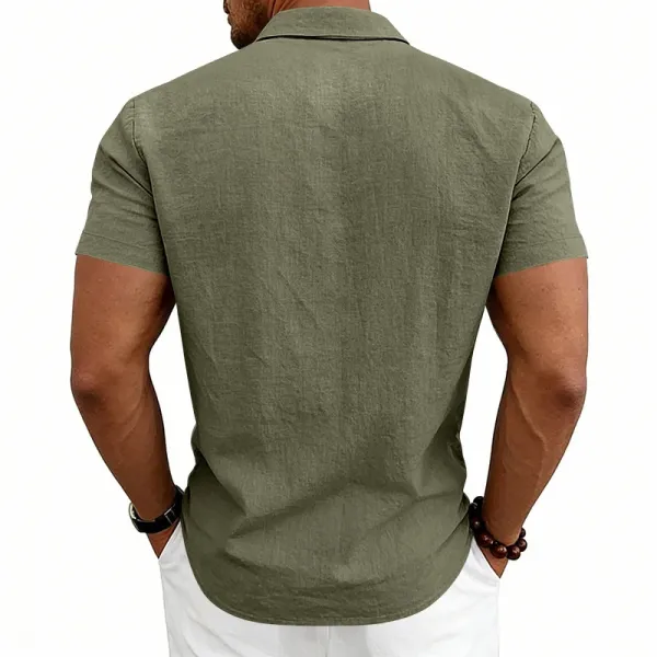 Design Short-Sleeve Linen Shirt Navy Blue Tops Shirt - 42