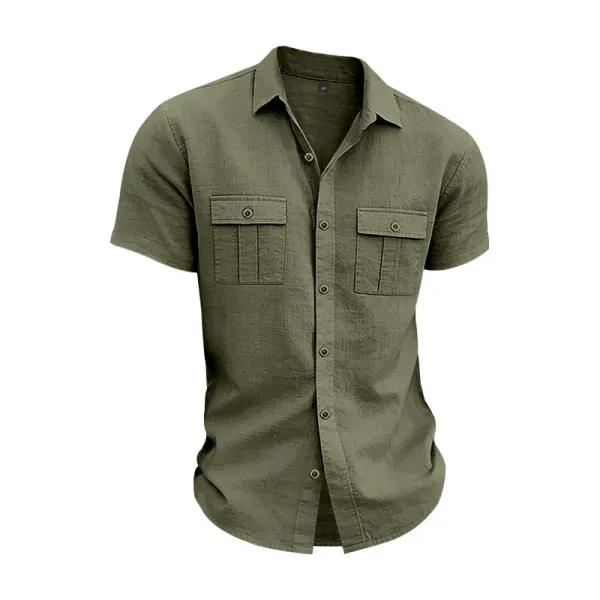Design Short-Sleeve Linen Shirt Navy Blue Tops Shirt - 43
