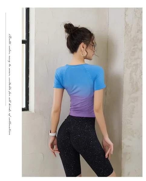 Design Gradient Ombre Crop Top Pink-to-White + Navy High-Waisted Leggings Set Activewear - 15