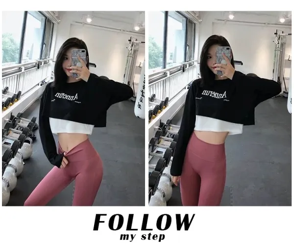 Alo Yoga Cropped Long-Sleeve Top Black / White with Pink Leggings Activewear - 26