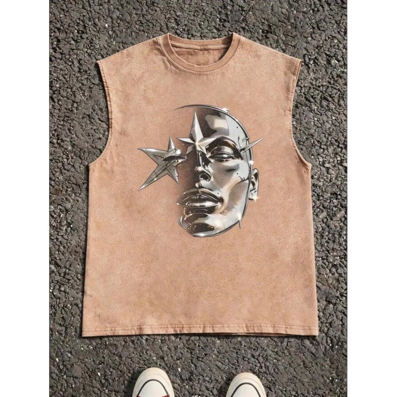 Sleeveless Graphic Tee Beige Metallic Face Print Vest-Top