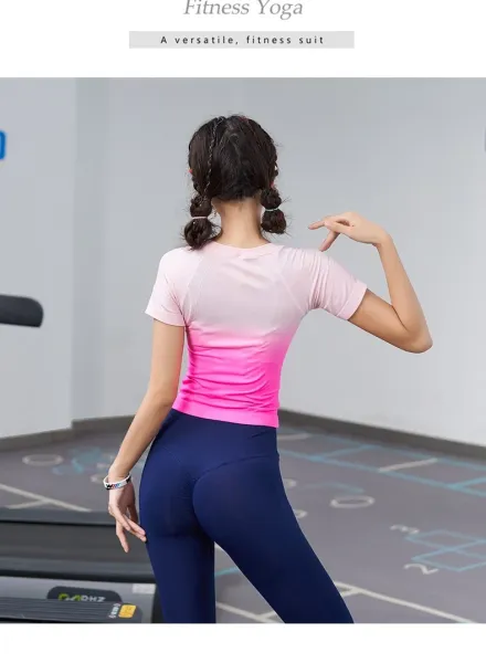 Design Gradient Ombre Crop Top Pink-to-White + Navy High-Waisted Leggings Set Activewear - 24
