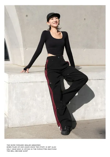 Design Long Sleeve Cropped Top and Track Pants Set in Burgundy - 14