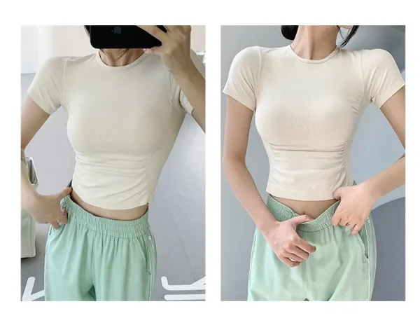 Design Cropped Short-Sleeve T-Shirt Pink + High-Waisted Leggings Brown Activewear - 3