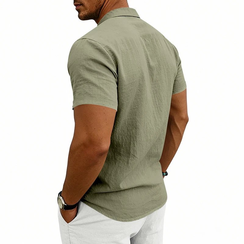 Design Mandarin Collar Short Sleeve Shirt Gray Tops Shirt - 32