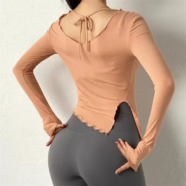 Design Ribbed Long Sleeve Top with Back Tie and High-Waisted Leggings Set Beige Gray Activewear - 19