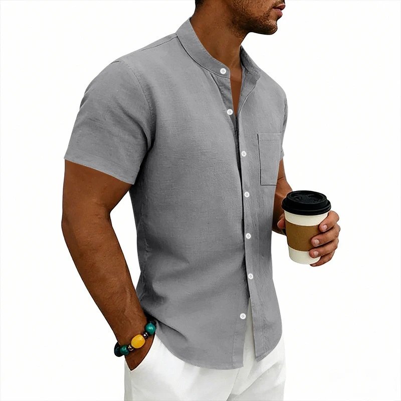 Design Mandarin Collar Short Sleeve Shirt Gray Tops Shirt - 41
