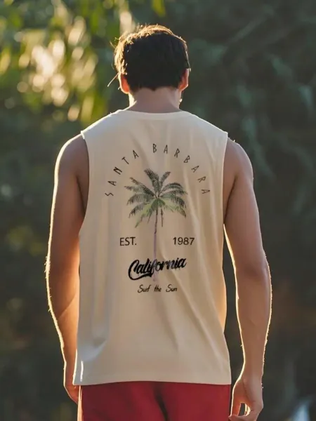 Design Santa Barbara California Palm Tree Vest Top Beige Vest Top - 9
