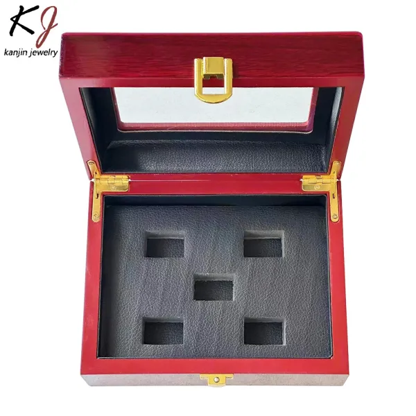 Design Kanjin Jewelry Red Wood Display Box with Glass Lid and Velvet Insert Accessories - 1