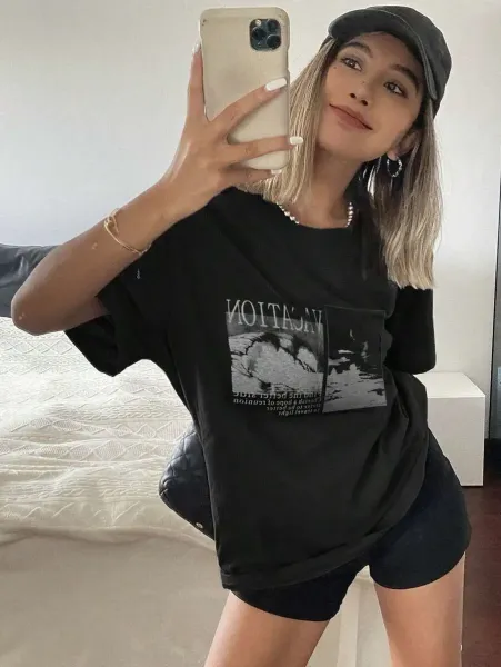 Design Vacation Print Oversized T-Shirt Charcoal Gray T-Shirt - 9