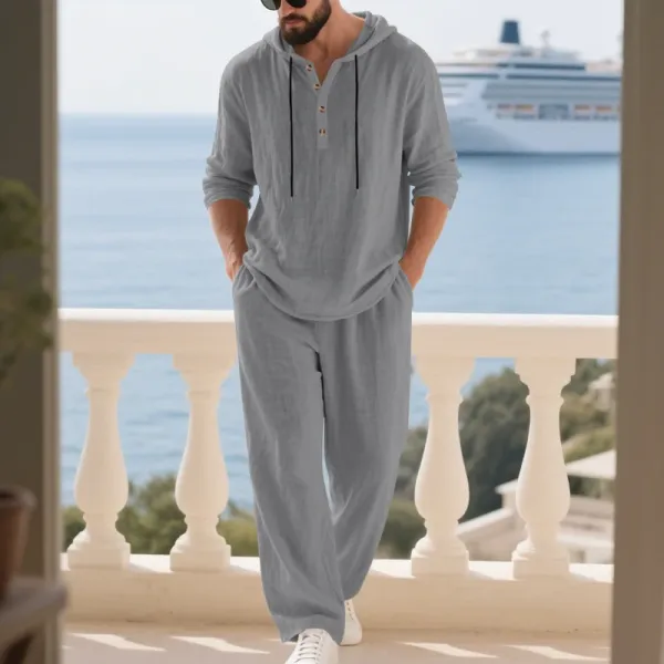 Design Linen Hooded Henley Set Beige Casual Set - 15