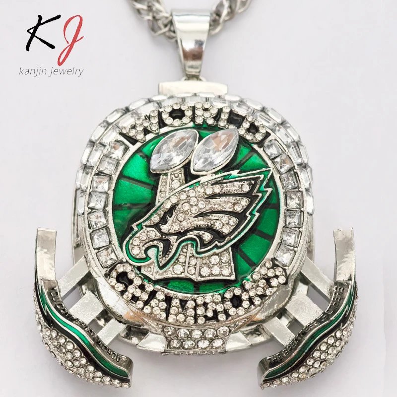 Design Philadelphia Eagles Super Bowl Ring Pendant Necklace Silver Green Jewelry - 4