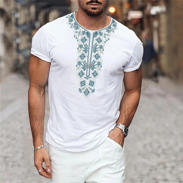 Design Floral Embroidery Print White T-Shirt with Navy Trim - 7