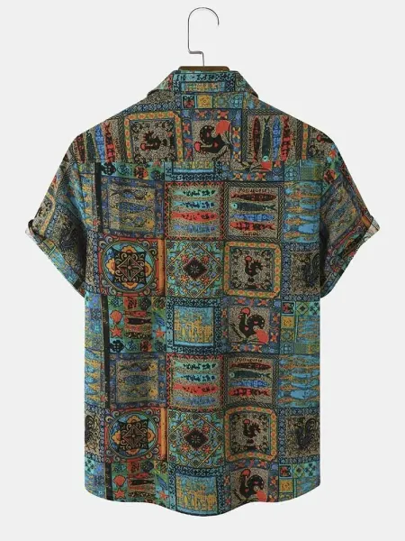 Design Patchwork Print Short-Sleeve Button-Up Shirt Tops Shirt - 3