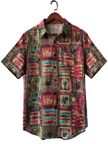 Design Patchwork Print Short-Sleeve Button-Up Shirt Tops Shirt - 8