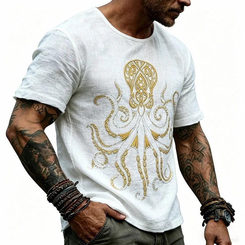 Design Octopus Embroidery Dusty Rose T-Shirt - 8