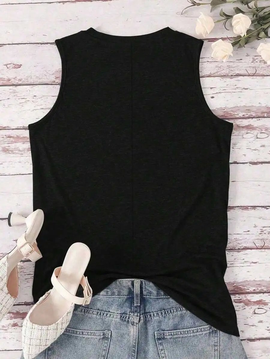 Design Tropical Palm Sunset Print Tank Top in Pink with Crochet Shorts and Straw Tote Vest Top - 8