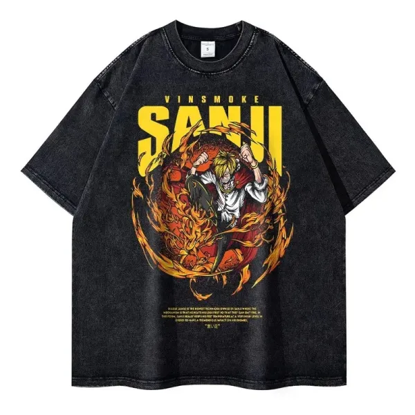 Design Sanji Flame Graphic Oversized Denim Wash T-Shirt - 1