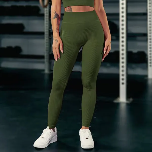 Design Ribbed High-Waist Leggings Army Green Leggings - 1