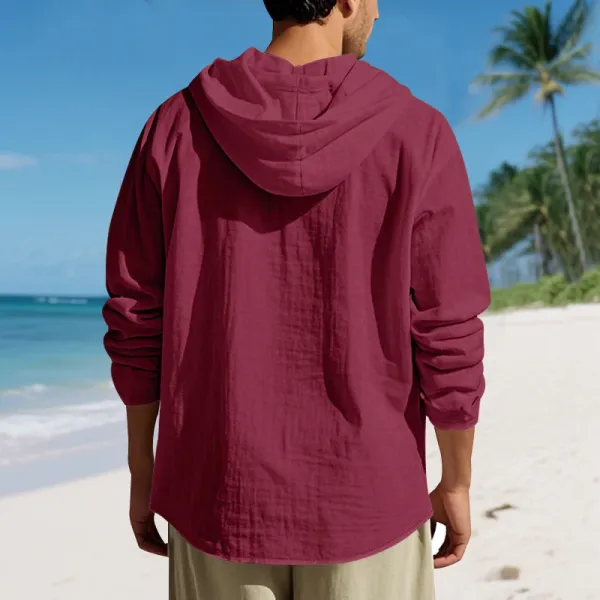 Design Hooded Linen Shirt Brown Men's Beachwear - 29