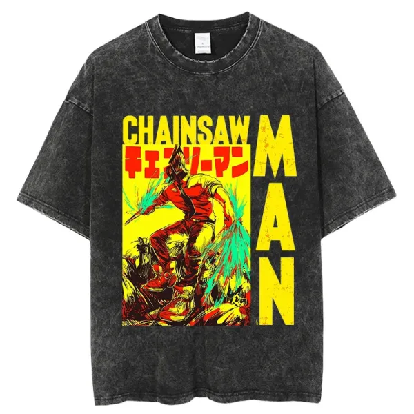 Design Chainsaw Man Graphic Print Acid Wash T-Shirt T-Shirts - 1