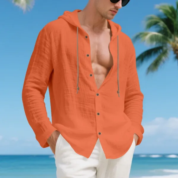 Design Hooded Linen Shirt Brown Men's Beachwear - 51