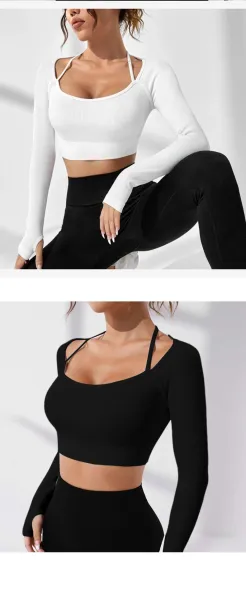 Design Black Ribbed Long Sleeve Crop Top with Crisscross Straps Activewear - 11
