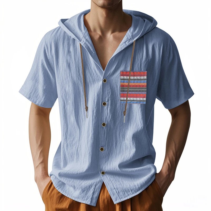 Design Hooded Button-Up Shirt Olive Green with Tribal Pocket Tops - 5