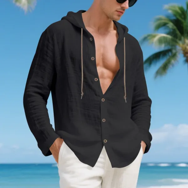 Design Hooded Linen Shirt Brown Men's Beachwear - 86