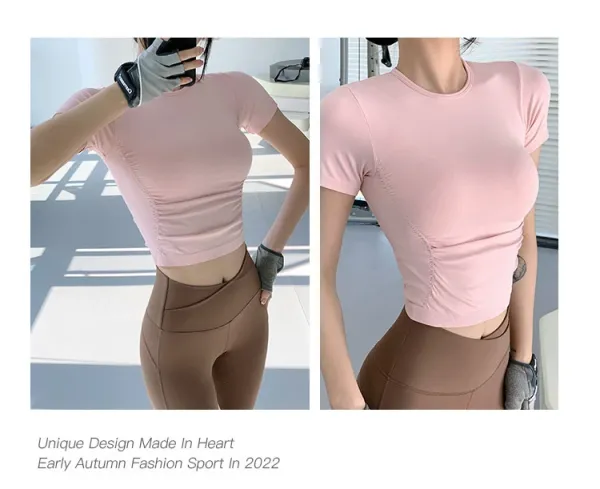 Design Cropped Short-Sleeve T-Shirt Pink + High-Waisted Leggings Brown Activewear - 5