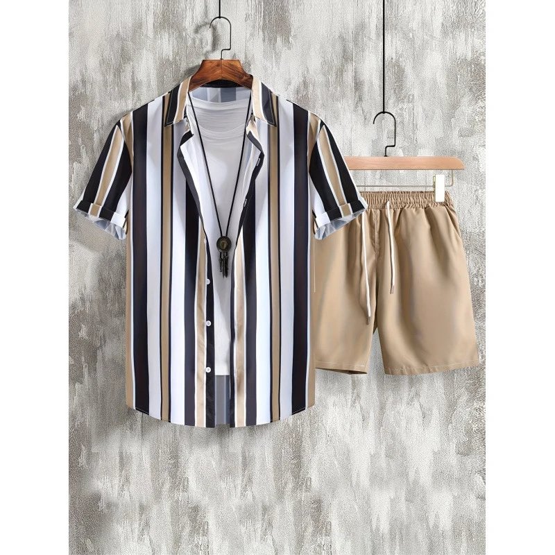 Tropical Leaf Print Short-Sleeve Shirt and Beige Drawstring