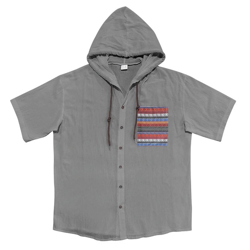 Design Hooded Button-Up Shirt Olive Green with Tribal Pocket Tops - 21