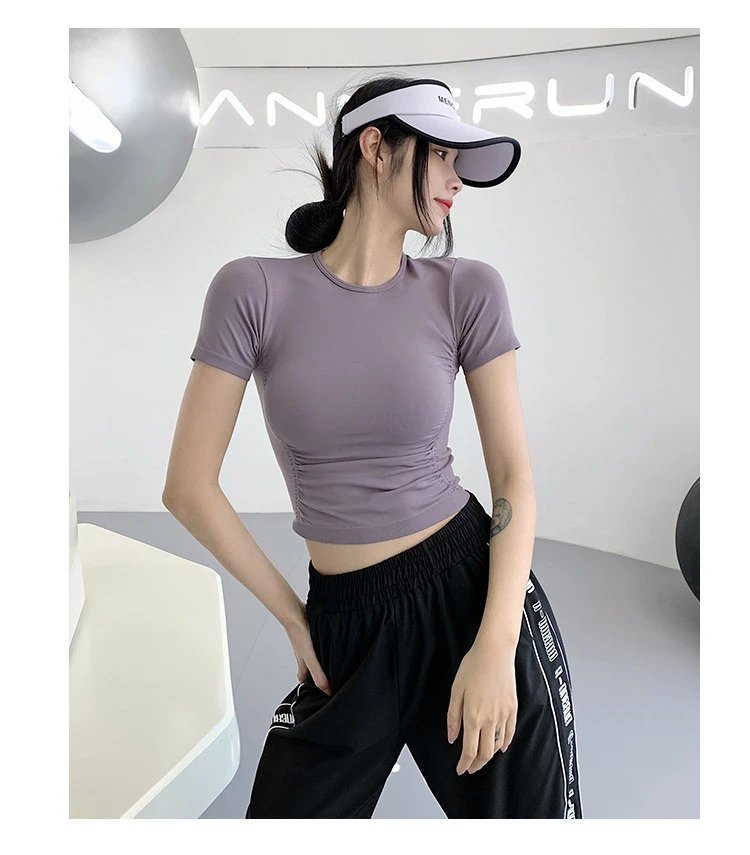 Design Cropped Short-Sleeve T-Shirt Pink + High-Waisted Leggings Brown Activewear - 19