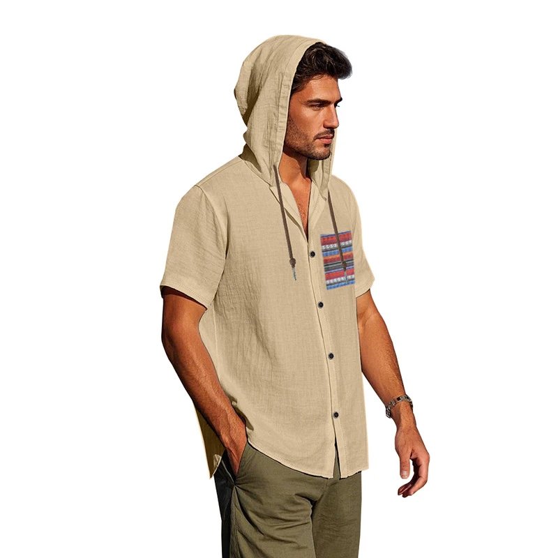 Design Hooded Button-Up Shirt Olive Green with Tribal Pocket Tops - 28
