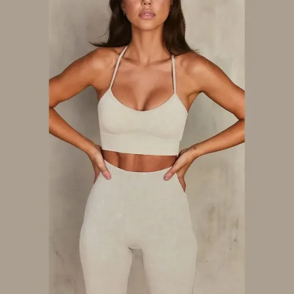 Design Ribbed Halter Crop Top and High-Waisted Leggings Set Beige Activewear - 1