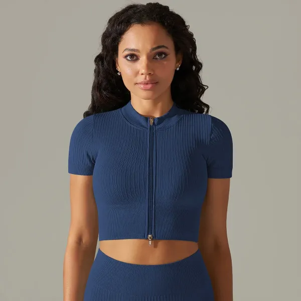 Alo Ribbed Zip-Front Cropped Top Navy Activewear Set - 1