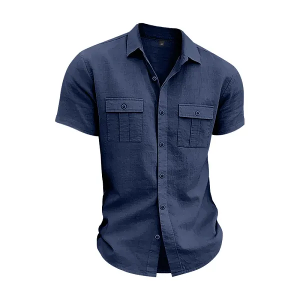 Design Short-Sleeve Linen Shirt Navy Blue Tops Shirt - 9