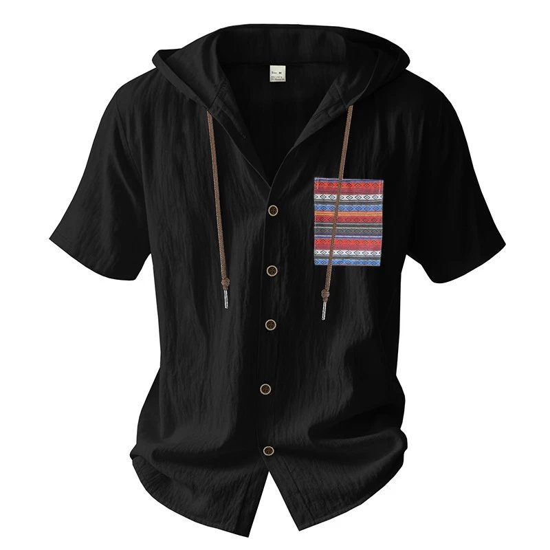 Design Hooded Button-Up Shirt Olive Green with Tribal Pocket Tops - 62