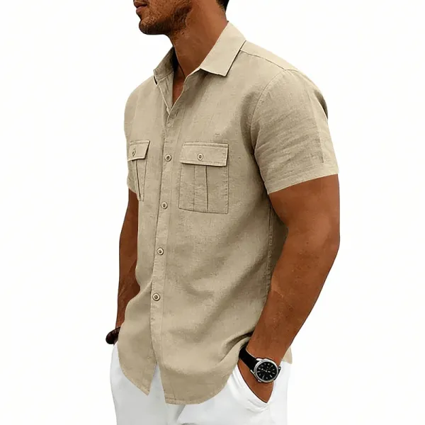 Design Short-Sleeve Linen Shirt Navy Blue Tops Shirt - 15