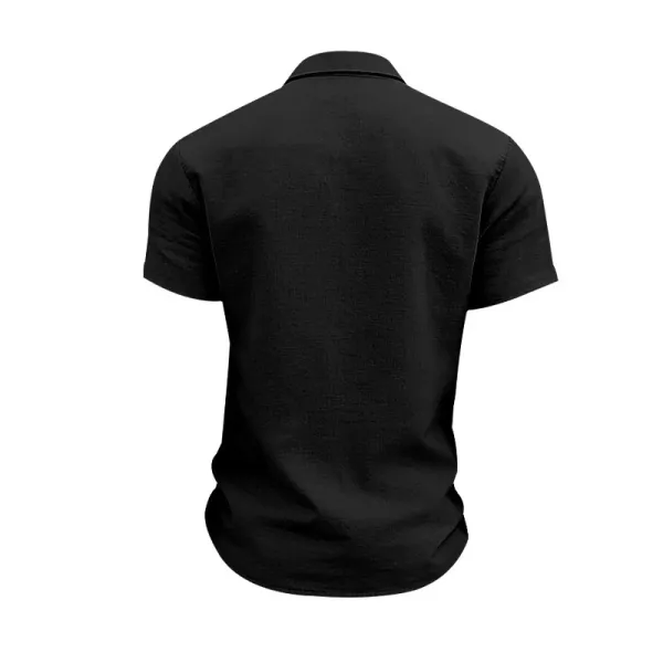 Design Short-Sleeve Linen Shirt Navy Blue Tops Shirt - 32