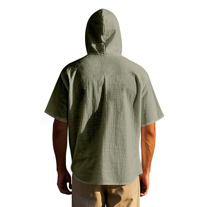 Design Hooded Button-Up Shirt Olive Green with Tribal Pocket Tops - 87