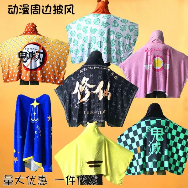 Design Hooded Towel Cape Navy Blue with Japanese Text and Geometric Print Hoodie - 28