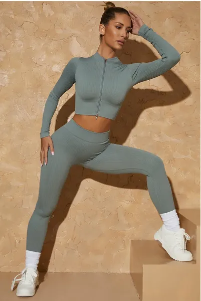 Design Ribbed Zip-Front Crop Top and Leggings Set Brown Activewear - 14