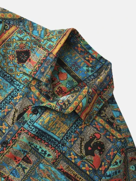 Design Patchwork Print Short-Sleeve Button-Up Shirt Tops Shirt - 4