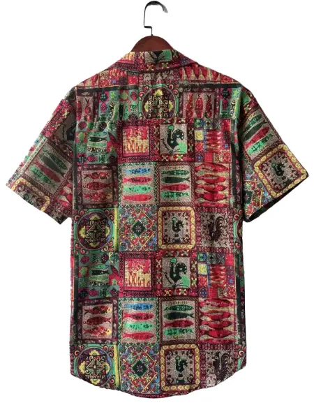 Design Patchwork Print Short-Sleeve Button-Up Shirt Tops Shirt - 9