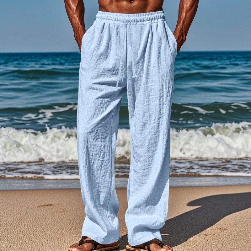 Linen Drawstring Waist Pants Light Blue