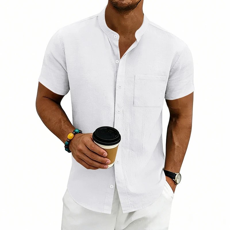 Design Mandarin Collar Short Sleeve Shirt Gray Tops Shirt - 6