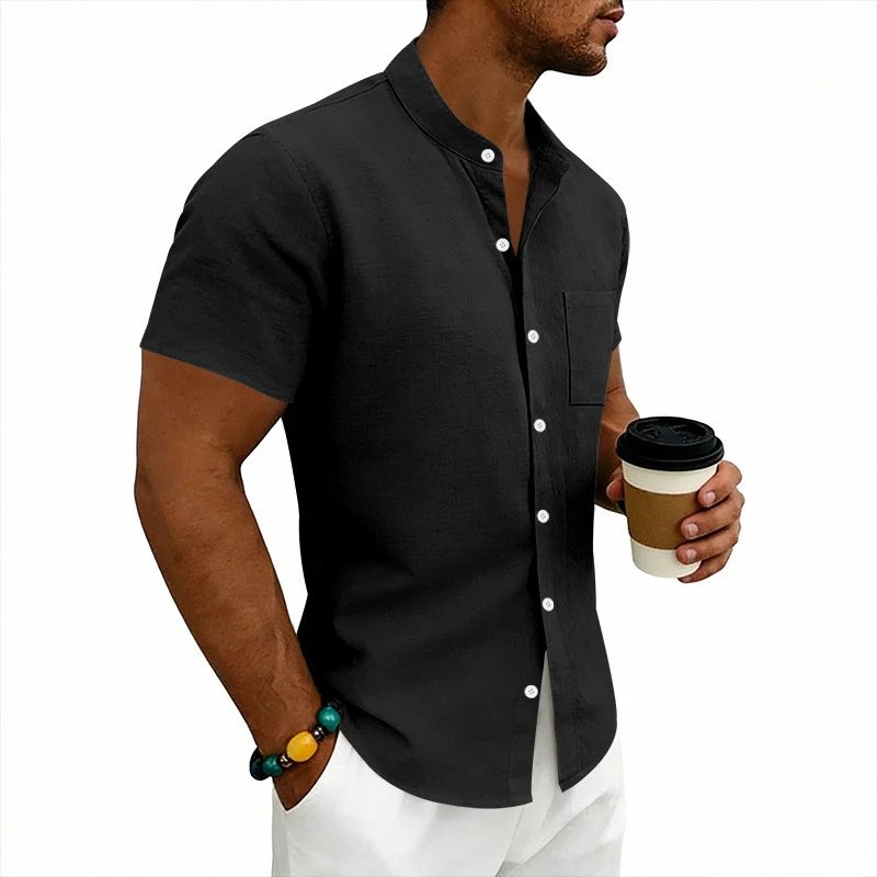 Design Mandarin Collar Short Sleeve Shirt Gray Tops Shirt - 12