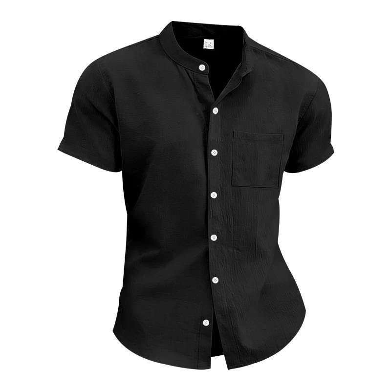 Design Mandarin Collar Short Sleeve Shirt Gray Tops Shirt - 16